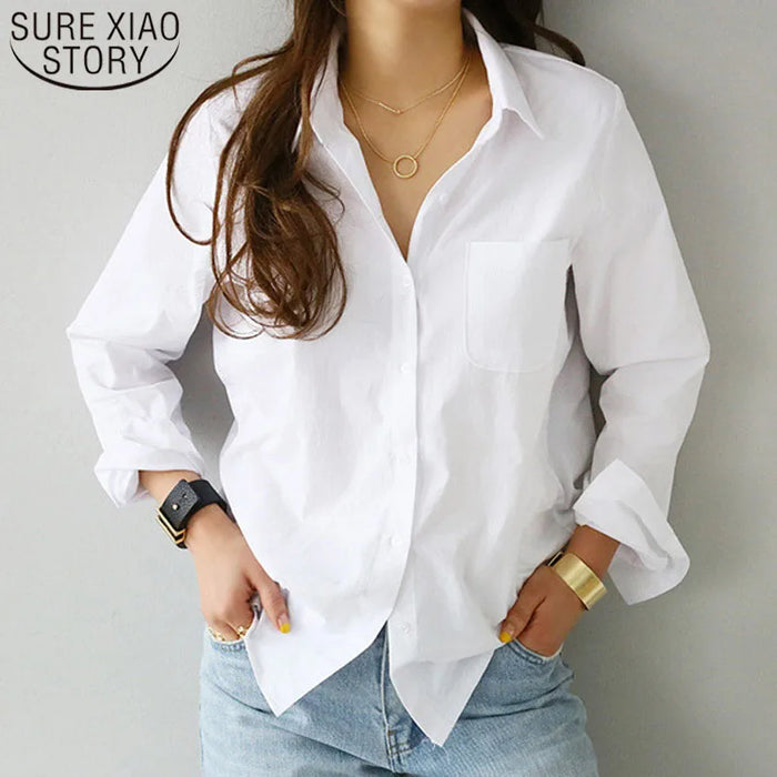 Women Shirts and Blouses 2025 Fashion Office Lady Elegant Long Sleeve Casual White Turn-down Collar OL Style Loose Top 3496