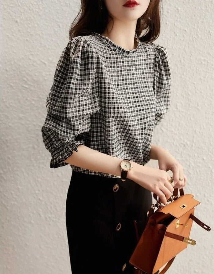 Blouse Woman New Collection 2025 Top Luxury Chiffon Women's Plaid Blouse Half Sleeve Pretty and Cheap Women's Blouses Vintage