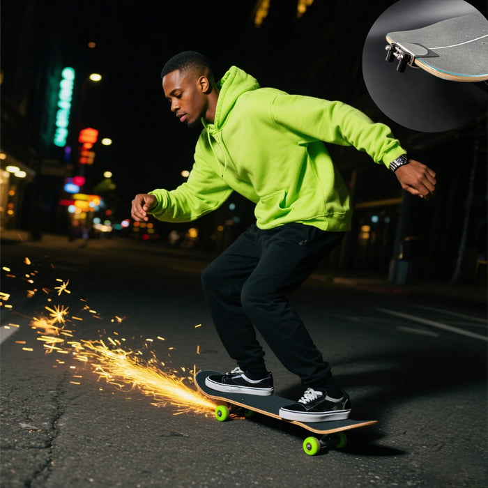 Fun Skateboard Party Accessories and Shooting Props, Including a Longboard Double Kick Skateboard, Spark Igniter, Easy-To-Install No-Drill Skateboard Spark Slider Device, Perfect for Skateboard Enthusiasts, Ideal for Nighttim