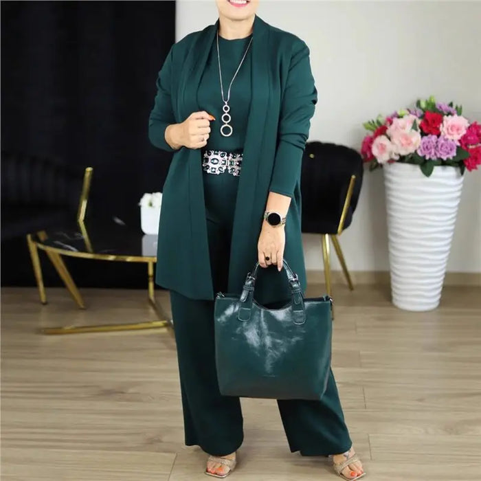 Elegant Ladies Clothing 3 Pieces Set Autumn White Long Cardigan Coat And Wide Leg Pants Sets T-shirt  Three-piece Outfit Women