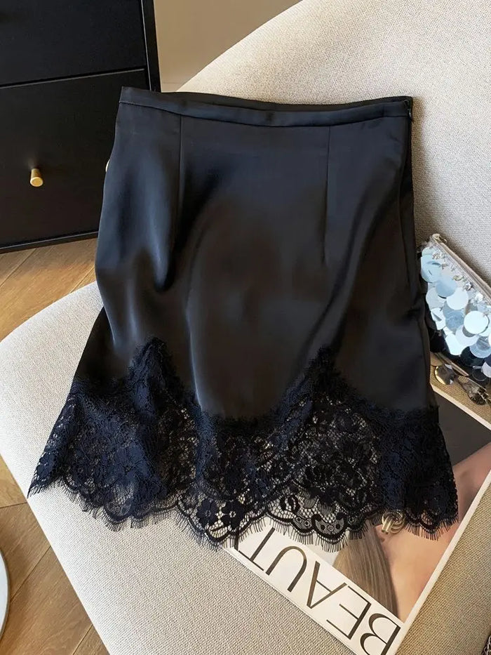 Ladies Fashion Lace Patchwork Satin A-line Skirt Summer High Waist Solid Color Temperament Skirt Women Clothes Simplicity Skirt