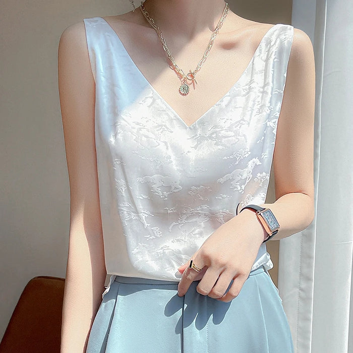 Women's Summer Blouses Sleeveless  Ladies Black Beautiful Blouses Elegant Satin Silk Blouses for Women Plus Size TopBlouses  Bod