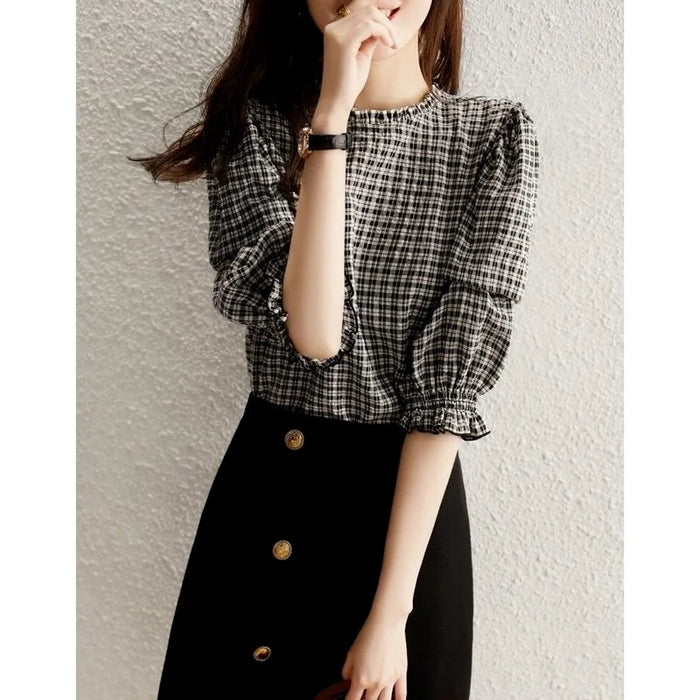 Blouse Woman New Collection 2025 Top Luxury Chiffon Women's Plaid Blouse Half Sleeve Pretty and Cheap Women's Blouses Vintage