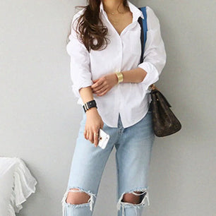 Women Shirts and Blouses 2025 Fashion Office Lady Elegant Long Sleeve Casual White Turn-down Collar OL Style Loose Top 3496