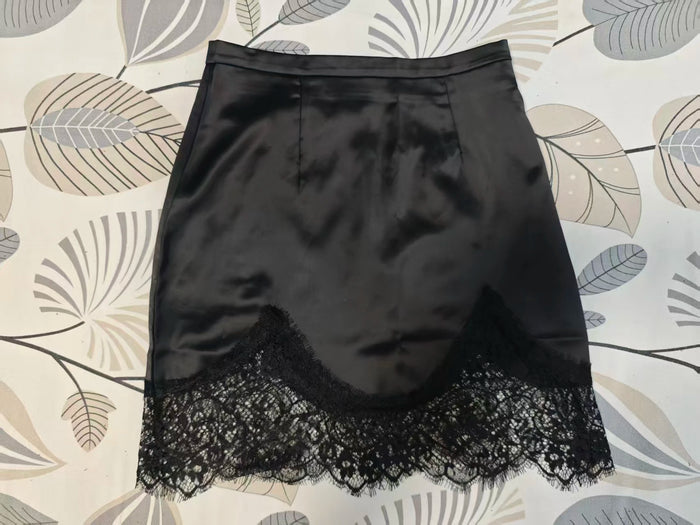 Ladies Fashion Lace Patchwork Satin A-line Skirt Summer High Waist Solid Color Temperament Skirt Women Clothes Simplicity Skirt