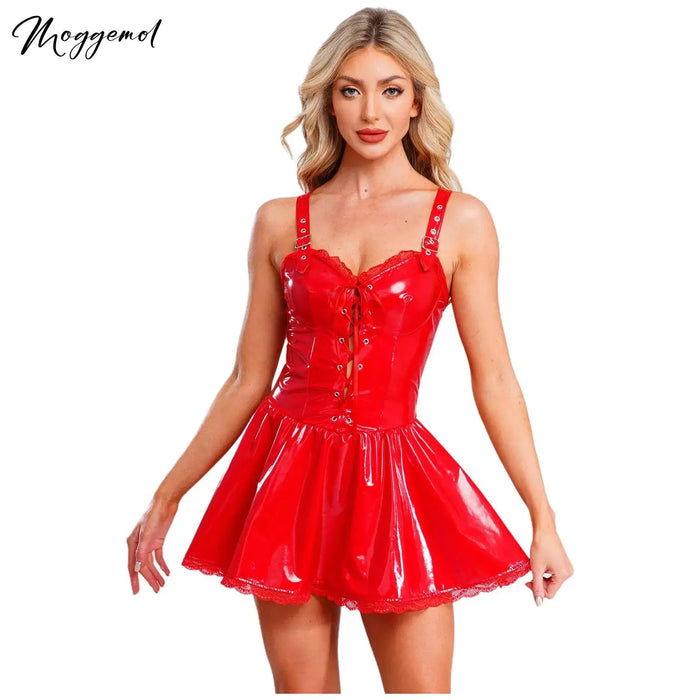 Womens Leather Dress Front Lace-up X-back Adjustable Shoulder Straps Floral Lace Trim A-line Dress for Night Out Raves Party