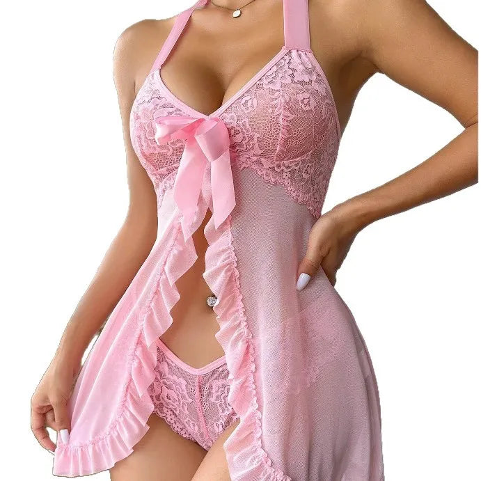 Adult erotic lingerie sexy mesh lace-spliced erotic lingerie see-through sexy nightgown see-through dress