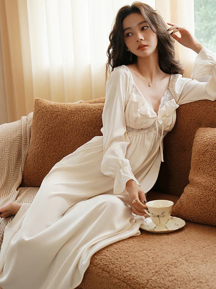 Ladies French Vintage Princess Sleepwear Women Spring Autumn Long Silk Pajama Nightdress Fairy Ruffles Lace Victorian Nightgowns