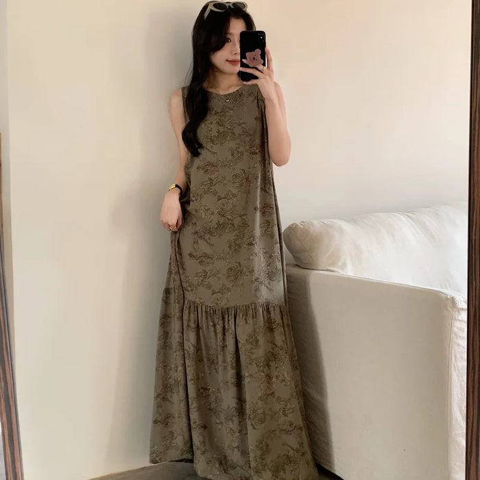 Ladies Summer Spwear Cotton Silk Thin Svel Casual Long Dr round Ne Single Button Print Home Comfortable Faion...