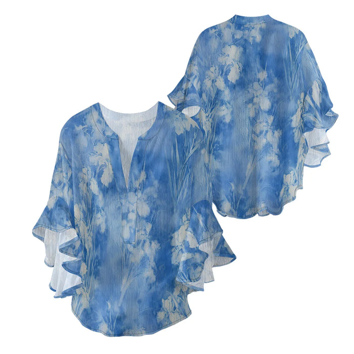 Women's Bohemian Style Blouse Light Blue White Gradient Color Print V-Neck Ruffled Bell Sleeve Chiffon Shirt for Summer Fashion