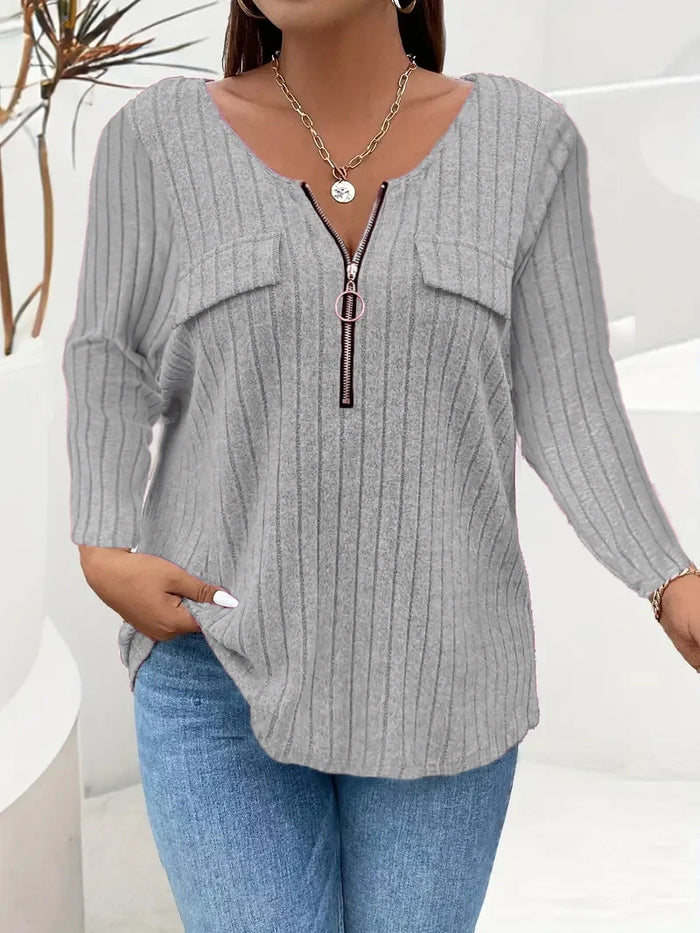 Ladies' autumn and winter clothing, casual and elegant, pure color zipper long-sleeved pullover T-shirt, women's loose clothes,