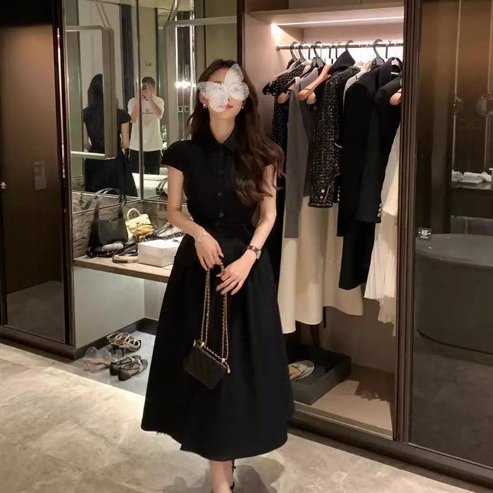 Ladies fashion French dress, Hepburn commuter dress, solid color short-sleeved umbrella dress, black short-sleeved shirtdress