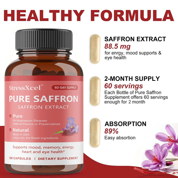 Saffron Supplements - Pure Saffron Extract Capsules - Boost Energy & Mood, Support Eye & Heart Health,Natural,GMO-Free