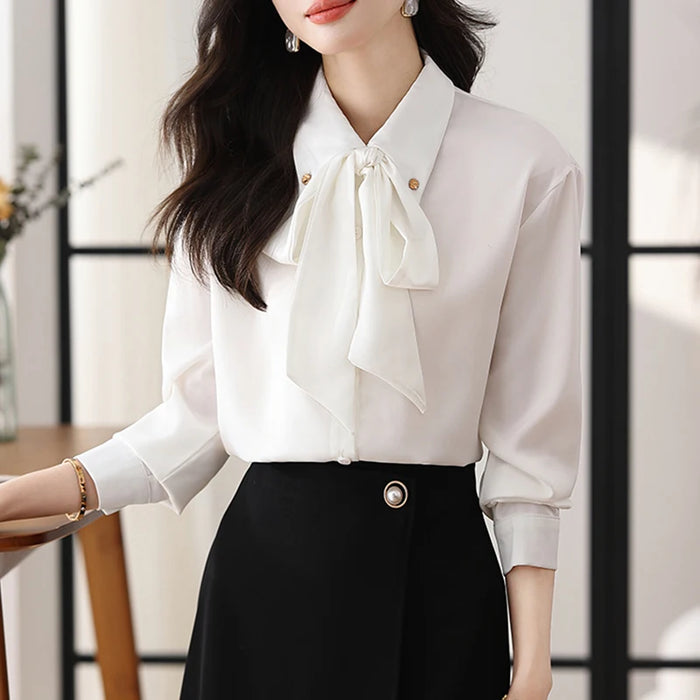 White Shirts for Women free shiping Long Sleeve Turn-Down Collar Bow Tie Buttons Blouse Female 2025 New