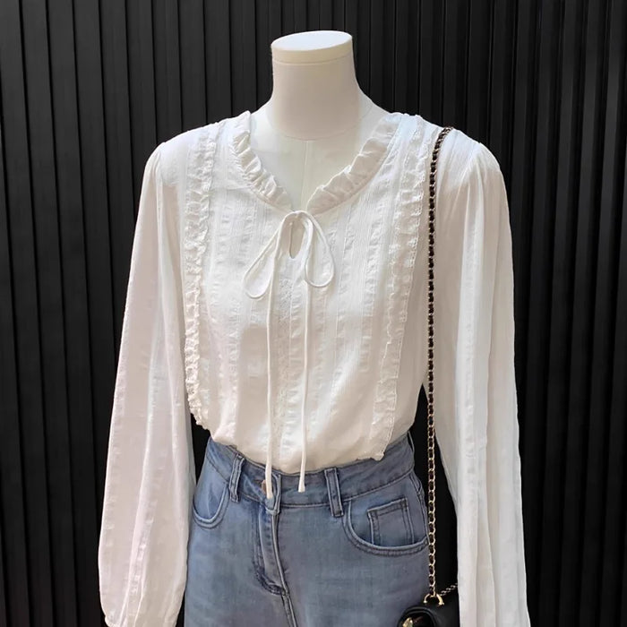 Women's Clothing French Lace Collar Lace-up Shirt for Women Gentle Style Long-sleeved Top Blouses