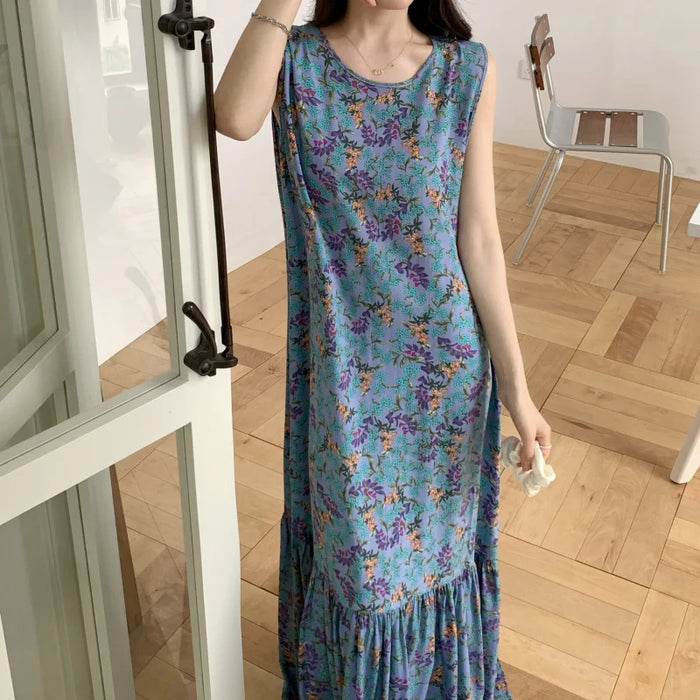 Ladies Summer Spwear Cotton Silk Thin Svel Casual Long Dr round Ne Single Button Print Home Comfortable Faion...