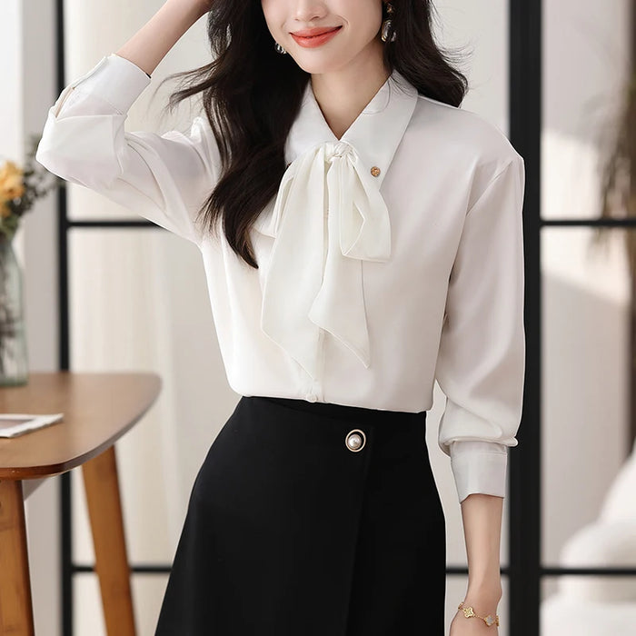 White Shirts for Women free shiping Long Sleeve Turn-Down Collar Bow Tie Buttons Blouse Female 2025 New