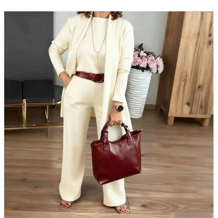 Elegant Ladies Clothing 3 Pieces Set Autumn White Long Cardigan Coat And Wide Leg Pants Sets T-shirt  Three-piece Outfit Women