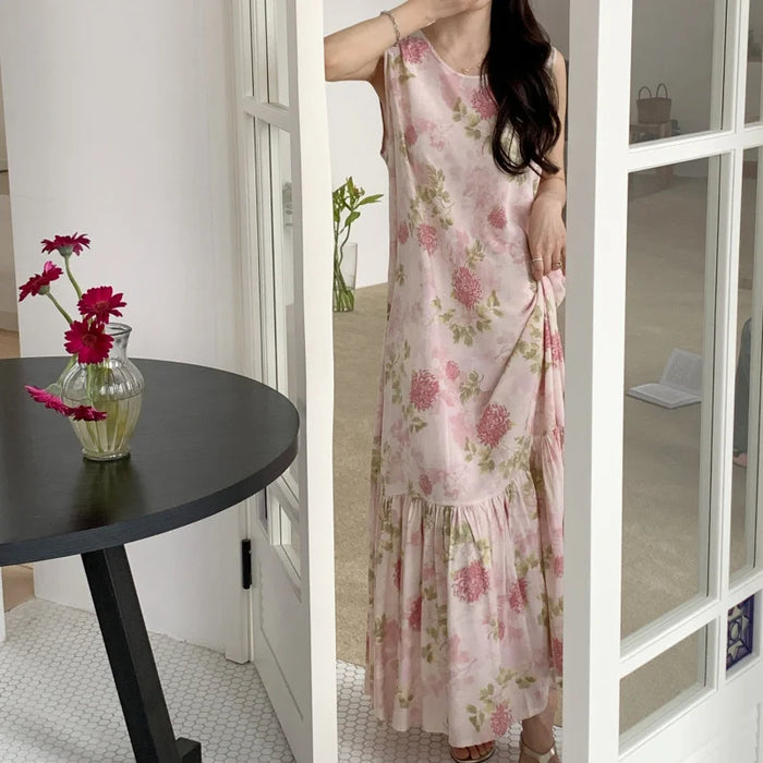Ladies Summer Spwear Cotton Silk Thin Svel Casual Long Dr round Ne Single Button Print Home Comfortable Faion...