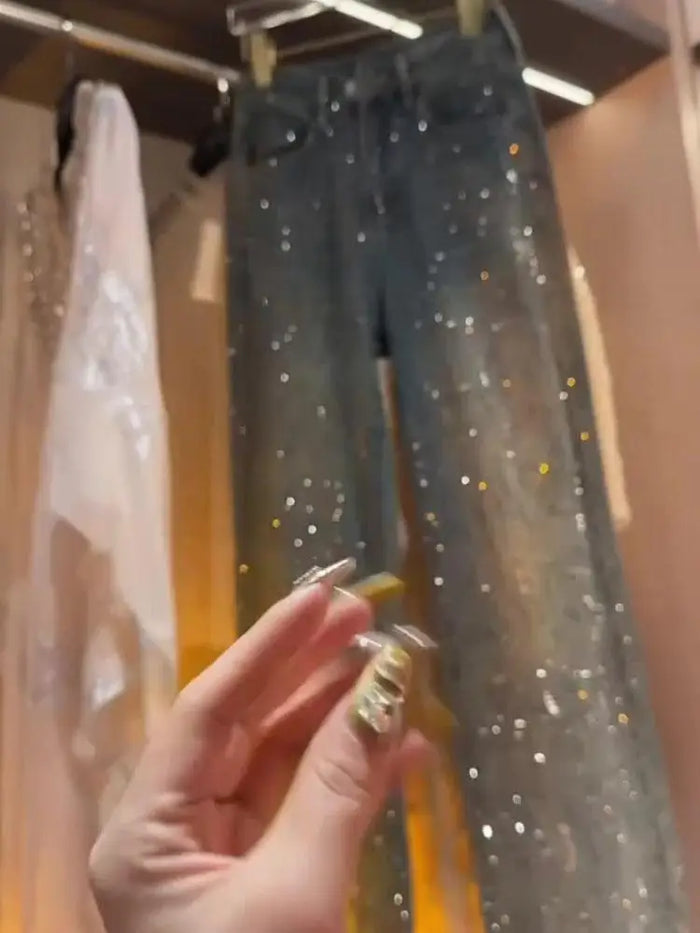 Blue Heavy Embellied Design Women's Jeans Loose Fit Straight Leg Wide Leg Pants Versatile Slimming Spring Summer New Arrival