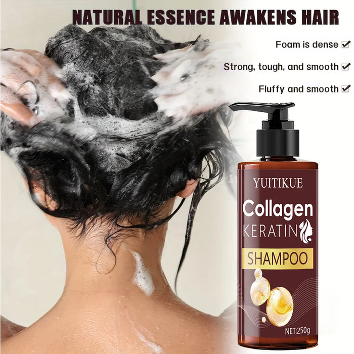 Collagen shampoo strengthens hair, repairs damaged and frizzy hair, makes hair more voluminous, and adds shine.