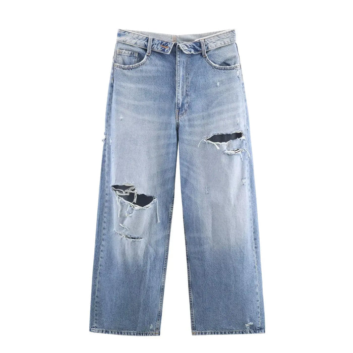 HH Women's 2025 New Fashion Retro Versatile Mid-Waist Turn-Down Jeans Female High Street Casual Ripped Decorative Wide Leg Pants