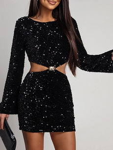 Ladies Elegant O-neck High Waist Club Dress Hollow Backless Design Slim Short Dresses Black Sequined Long Sleeved Evening Dress