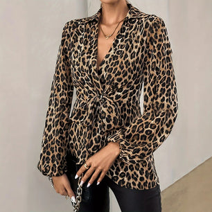 Fashion Women New Leopard Print Lapel Irt Lace-up Shirt Top Spring Casual V Neck Long Sleeved Blouses Tops Office Lady Party Top
