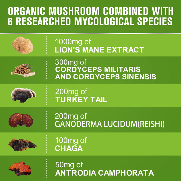 BEWORTHS Lion's Mane Mushroom Capsules with Ganoderma Lucidum Reishi Brain Supplement for Memory&Focus Relief Stress Better Mood