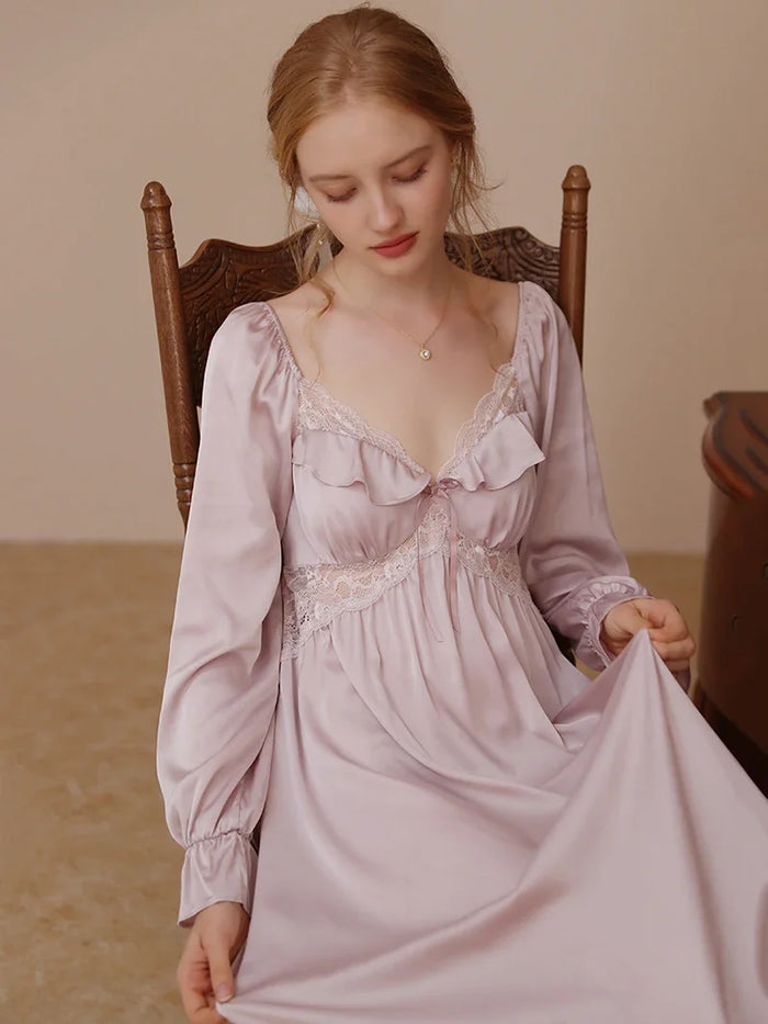 Ladies French Vintage Princess Sleepwear Women Spring Autumn Long Silk Pajama Nightdress Fairy Ruffles Lace Victorian Nightgowns