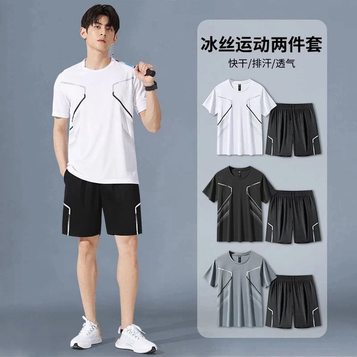 Sportswear Suits for Men Running Ice Silk Summer Basketball Uniforms Short-sleeved Feather Fitness Clothes Loose Shorts