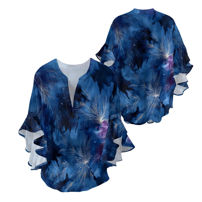Women's Bohemian Style Blouse Light Blue White Gradient Color Print V-Neck Ruffled Bell Sleeve Chiffon Shirt for Summer Fashion