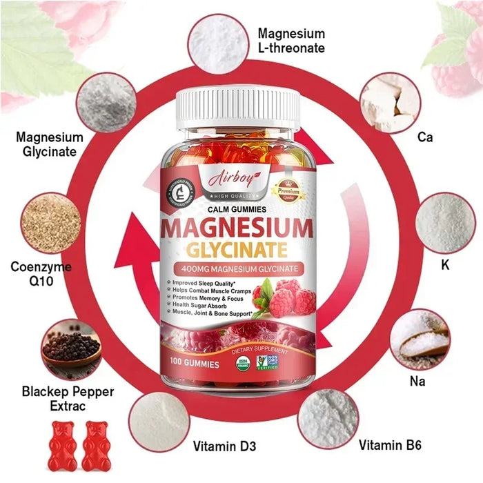 Magnesium Glycinate Gummies - Reduces Stress and Anxiety, Improve Sleep Quality, Support Memory, Concentration & Muscle Spasms