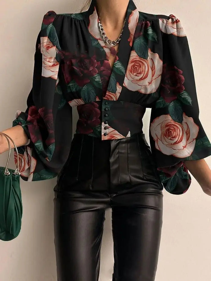 Women's Blouse Sexy Irregular V Neck Blusas Fashion Lantern Sleeve Solid Autumn Elegant Streetwear Casual Loose Tunic Top