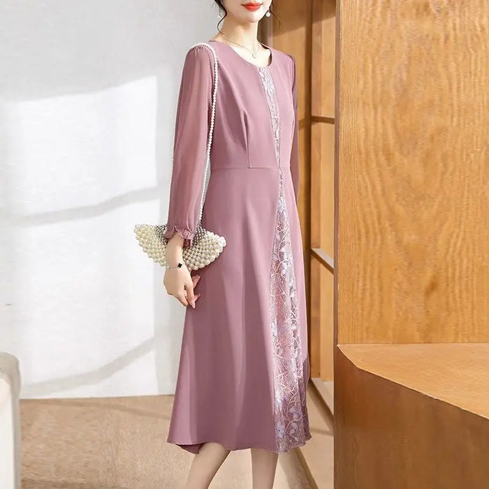 Women's Clothing Lace Patchwork Dresses Elegant A-Line Waist Spring Autumn Long Sleeve Commute Solid Color Round Neck Midi Dress