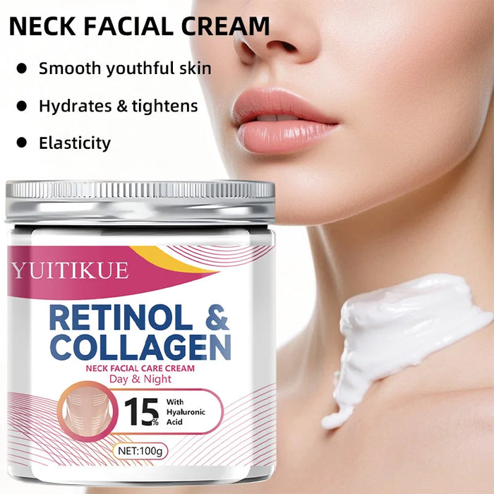 Collagen Neck Cream: Contains 15% hyaluronic acid, moisturizes day and night, firms the skin, enhances elasticity, 100g