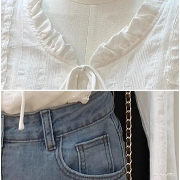 Women's Clothing French Lace Collar Lace-up Shirt for Women Gentle Style Long-sleeved Top Blouses