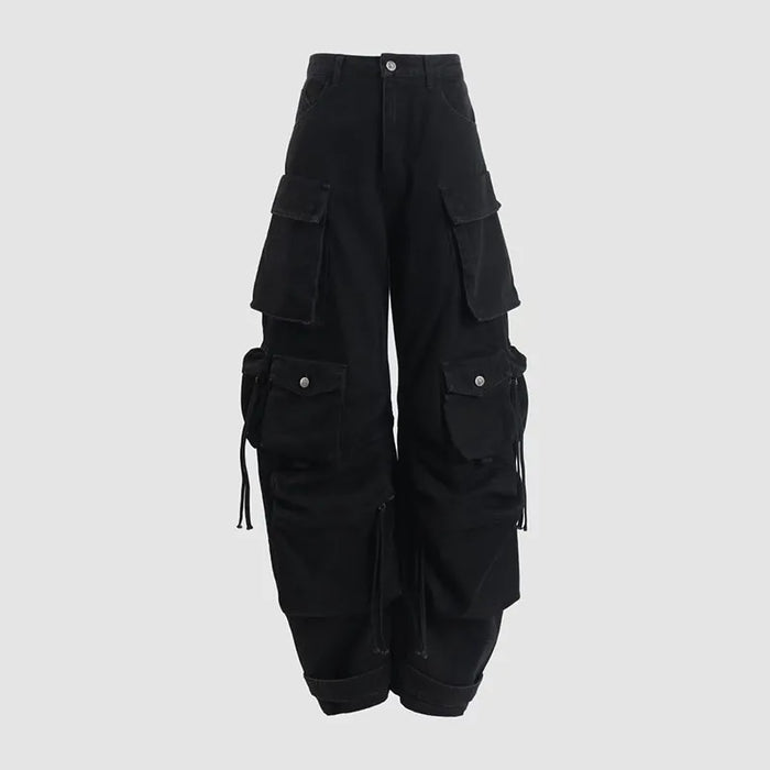Women's jeans 2025 Winter new low waisted slim fit pure cotton wide leg pants Retro ripped cargo pants Multi pocket denim pants