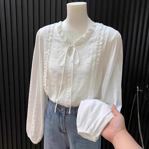 Women's Clothing French Lace Collar Lace-up Shirt for Women Gentle Style Long-sleeved Top Blouses