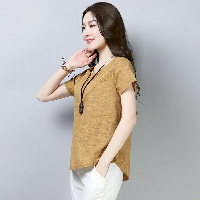 Women's Summer Blouses 2024 Vintage Linen Cotton Women Tops Blouses Short Sleeve Women Shirts Women Clothing Blusas 2127
