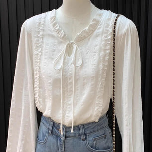 Women's Clothing French Lace Collar Lace-up Shirt for Women Gentle Style Long-sleeved Top Blouses