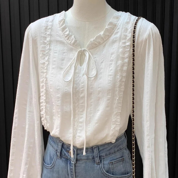 Women's Clothing French Lace Collar Lace-up Shirt for Women Gentle Style Long-sleeved Top Blouses