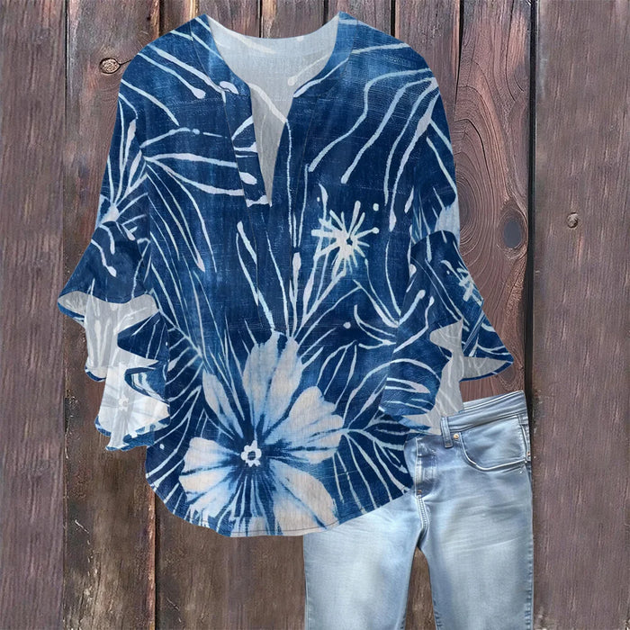 Women's Bohemian Style Blouse Light Blue White Gradient Color Print V-Neck Ruffled Bell Sleeve Chiffon Shirt for Summer Fashion