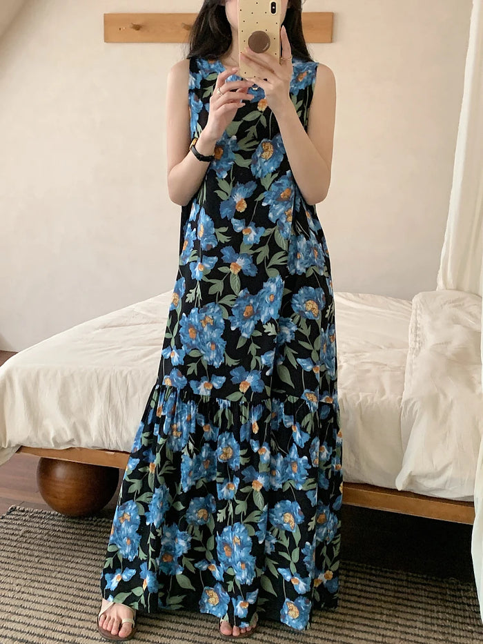 Ladies Summer Spwear Cotton Silk Thin Svel Casual Long Dr round Ne Single Button Print Home Comfortable Faion...