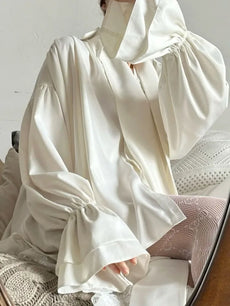 Bonboho Women's Elegant Blouse Solid White Buttoned Satin Shirts Lapel Collar Long Puff Sleeves Loose Fit T-shirt with Scarf