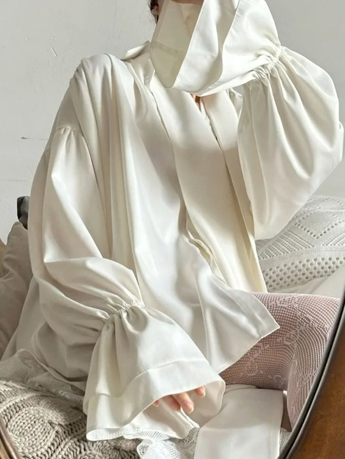 Bonboho Women's Elegant Blouse Solid White Buttoned Satin Shirts Lapel Collar Long Puff Sleeves Loose Fit T-shirt with Scarf