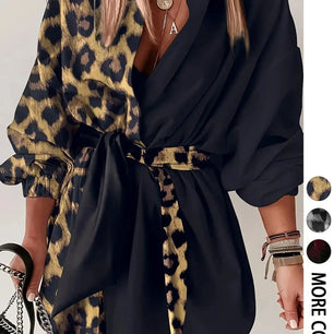 Ladies' Elegant Fashion Leopard Print Collar Shirt Dress Casual Long Sleeve Button Front Dress Women's Stylish Outfit