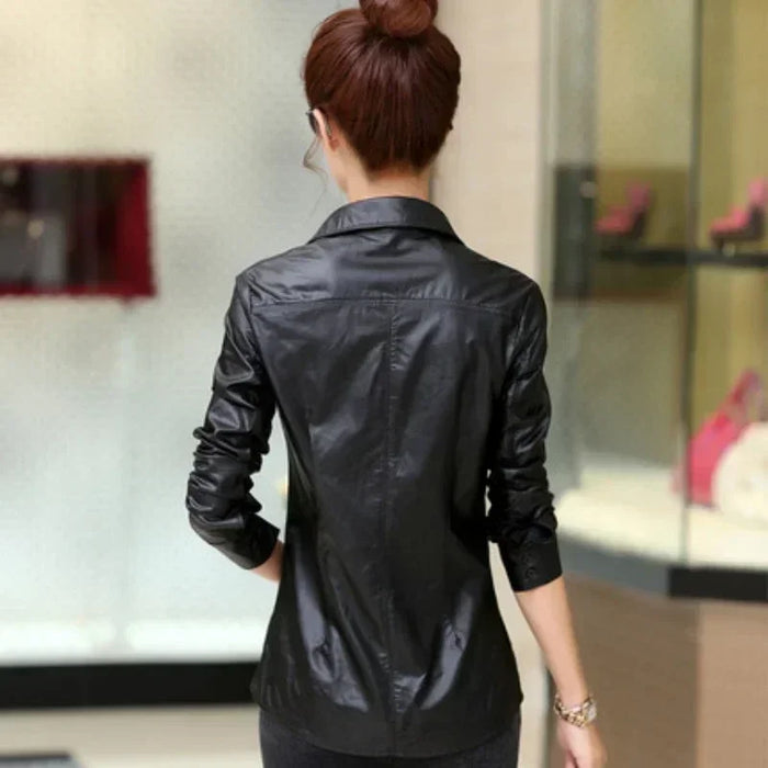 Women Blouses Spring New Shirt Temperament Slim Thin Long-sleeved  tops Women Shirts PU Leather Shirt Big Size Women Tops M2365