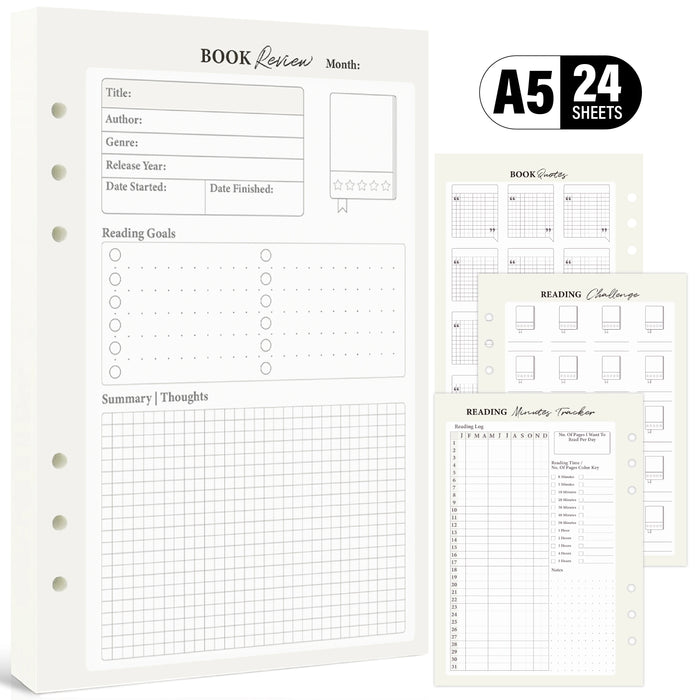 A5 Reading Journal Refill Paper, 6 Holes Binder Insert Pages for Book Log Review, Reading Planner Supplies, Gift for Book Lovers