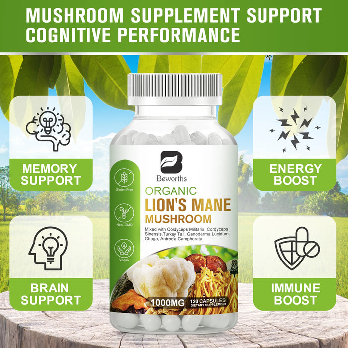 BEWORTHS Lion's Mane Mushroom Capsules with Ganoderma Lucidum Reishi Brain Supplement for Memory&Focus Relief Stress Better Mood